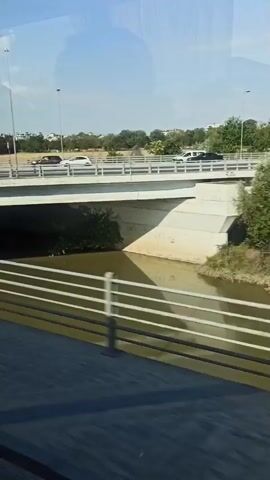 The video shows a view from inside a vehicle, looking out at a road and a bridge. Several cars are visible driving on the bridge and on the road below. The environment appears to be outdoors on a sunny day, with trees and vegetation visible in the background. There is a body of water under the bridge, which appears somewhat murky. A fence runs along the side of the road in the foreground. The camera pans slightly to the right, revealing a junction with traffic lights.