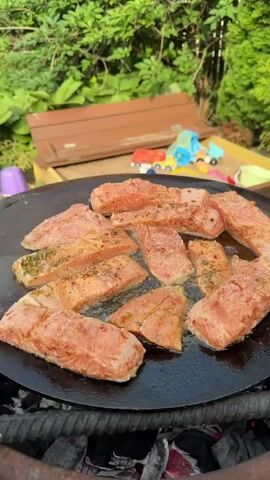 Salmon fillets are cooking on a large, round, black griddle over a charcoal fire outdoors. The fillets are seasoned with herbs and spices and are arranged in multiple layers on the griddle, with some pieces overlapping. Sizzling sounds can be heard as the fish cooks. In the background, lush green foliage and trees are visible, along with a wooden bench and some colorful toys scattered on the ground. The lighting suggests it is daytime.