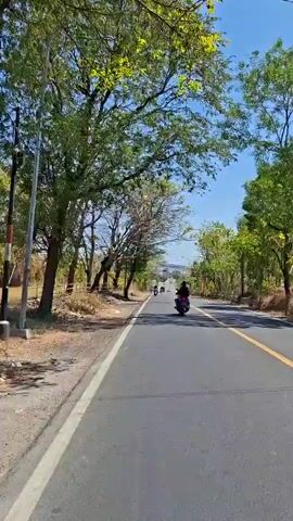 The video is a point-of-view recording from a moving vehicle, likely a motorcycle or scooter, traveling along a paved road. The road has a yellow line down the center. On the left side of the road, there is a dirt shoulder with some sparse vegetation and trees. On the right side of the road, there are more trees and vegetation, with some utility poles visible. The sky is clear and blue. Several other motorcycles are visible ahead on the road, traveling in the same direction. The scene appears to be a rural or semi-rural area.