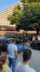 Crowd gathers with balloons near Grand Hotel Plovdiv