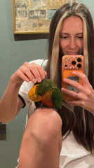 Woman takes mirror selfies with colorful parrot and child
