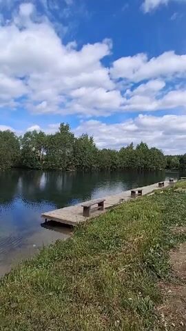 The video showcases a serene natural landscape featuring a calm body of water, likely a lake or river, under a bright blue sky dotted with fluffy white clouds. A long wooden pier with several small wooden benches extends into the water from the grassy bank on the right. Lush green trees line the far bank, reflecting in the clear water.

The camera begins with a wider shot, capturing the expanse of the water, the pier, and the forested background. It then pans slightly forward, moving along the bank parallel to the pier, offering a longer view of the wooden structure and the tranquil reflections on the water's surface. The scene suggests a peaceful, sunny day, ideal for relaxation or contemplation. No people are visible, and there is no discernible text. The overall atmosphere is one of calm and natural beauty.
