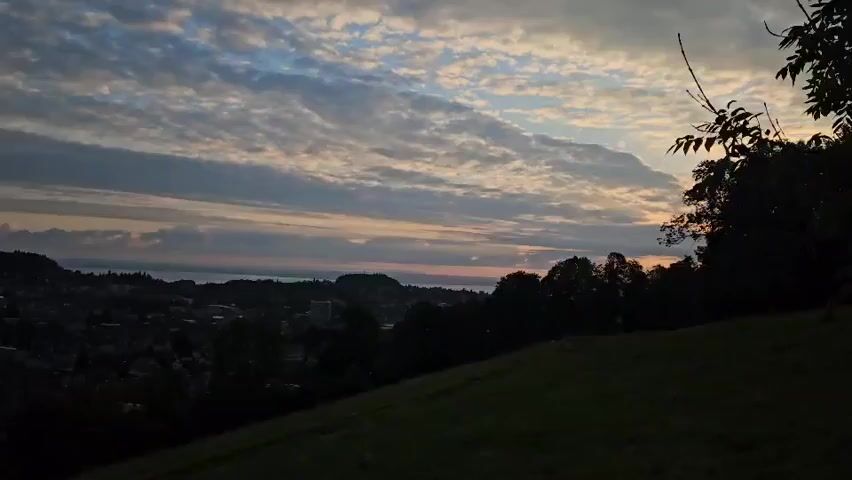 The video shows a wide shot of a landscape at dusk or dawn. The sky is filled with scattered clouds, painted in hues of gray, white, and a faint pinkish-orange, suggesting the sun is low on the horizon. In the mid-ground, a city or town sprawls across rolling hills, its buildings visible but indistinct in the low light. Beyond the town, a body of water, likely a lake or sea, stretches to the horizon. The foreground is dominated by a dark, grassy slope, with the silhouettes of trees and branches framing the edges of the frame, particularly on the right and left sides. The overall atmosphere is serene and tranquil.