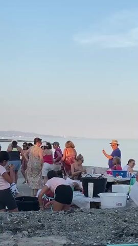 A group of people are gathered on a beach near the water. Some are standing and talking, while others are seated at tables that appear to be set up for a meal. There is a grill visible on the left side of the frame. The sky is clear and blue. The overall impression is of a casual outdoor gathering or party.