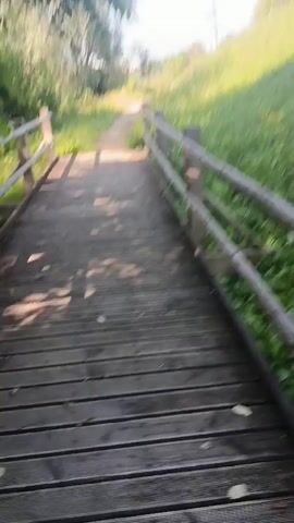 The video begins with a close-up view of a wooden bridge, its planks weathered and worn. Sunlight casts dappled shadows across the surface. The camera then pans upwards, revealing a sandy path winding its way up a grassy slope. On either side of the path, lush green grass grows abundantly, interspersed with small yellow wildflowers. Tall trees frame the left side of the scene, their leaves rustling gently. In the distance, the path continues to ascend, disappearing over the crest of the hill. Two lampposts are visible on the right side of the slope, their lights off. The sky is a clear, bright blue, suggesting a sunny day. The camera movement is fluid and steady, giving the impression of someone walking or cycling along the path. The overall atmosphere is peaceful and serene, evoking a sense of nature and outdoor exploration.