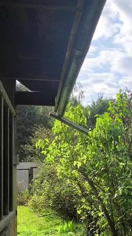 Rainwater is seen falling from a gutter onto lush green foliage outside under a partly cloudy sky.