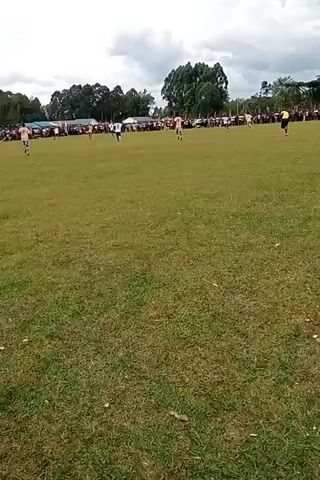 The video shows a soccer game in progress on a grass field. Numerous players are scattered across the field, with a crowd of people lining the far side of the field, presumably watching the game. Trees surround the field, and the sky is overcast with clouds. The perspective is from a low angle near one side of the field.