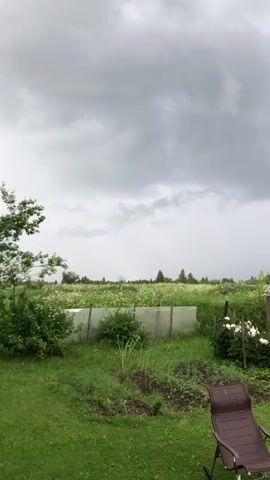 This is a vertical, outdoor video of a rural backyard scene in Fedino, Russia. The sky is heavily overcast with dark, gray clouds, suggesting an impending storm or recent rainfall. In the foreground, a brown lawn chair sits on a lush green lawn. To the left, a bush with green leaves and a tree are visible. In the middle ground, a low fence made of clear plastic sheeting supported by wooden posts separates the yard from a field of wildflowers and tall grass. A small garden bed with dark soil and some green plants is in front of the fence. To the right, a greenhouse with a clear roof and a wooden frame is partially visible, along with a bush of white flowers. The overall mood is peaceful but somber due to the weather. No people are visible in the video. There is no visible text in the media file.