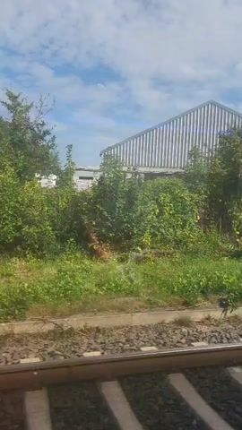 The video shows a view from a moving train. In the foreground, train tracks are visible. To the left of the tracks, there is a concrete pole and then a fence. Beyond the fence, there is green grass and trees, and some buildings in the distance. The sky is blue with some clouds. As the train moves, different scenes pass by, including a telecommunications tower, some construction vehicles, and various buildings.