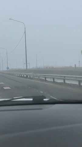 The camera is inside a car driving on a highway. The highway has multiple lanes and is mostly empty of other vehicles. There are streetlights lining the road and a metal guardrail on the right side. The weather is foggy, limiting visibility. The car moves forward.