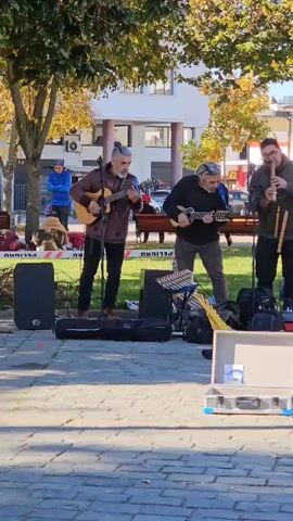 The video shows a band of four men performing in what appears to be a public park on a sunny day. The man on the left is playing an acoustic guitar. The next man is playing a stringed instrument that resembles a mandolin. The two men on the right are playing wind instruments similar to flutes. They are set up on a paved area with several cases and equipment surrounding them, including speakers and a music stand. There's a partially open metal case in front, presumably to collect money. A few people can be seen walking and sitting on benches in the background. Trees surround the performance area, and a building can be seen behind them. The overall setting suggests a casual, outdoor performance.