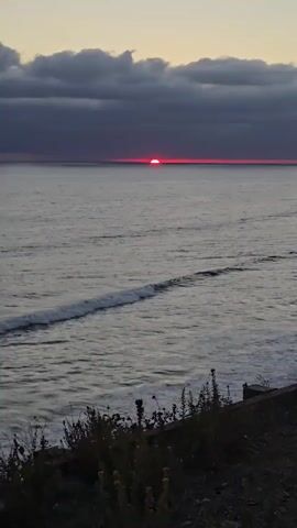 The video captures a serene sunset over the ocean. The sun, a vibrant red orb, is partially submerged below the horizon, casting a warm glow on the water. Dark, heavy clouds drift across the sky, creating a dramatic contrast with the bright sunset. A gentle wave rolls towards the shore, its white foam creating a textured line across the grey water. In the foreground, silhouetted plants and rocks suggest a coastal landscape. The overall scene evokes a sense of peace and natural beauty.