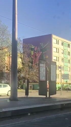 Daytime street scene recorded from moving tram in Bischheim