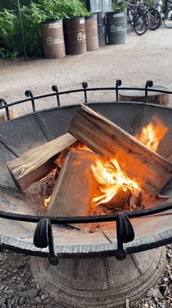 Rustic outdoor gathering spot with fire pits and greenery, Pargolovo