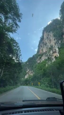The video begins by showing a view from inside a car looking out at a road winding through a lush green landscape with a towering, rocky cliff face on the right. A smartphone mounted on the dashboard displays a navigation app. The camera then focuses on the smartphone, showing a map with a route highlighted and estimated travel time. Next, a red and white paper decoration is visible hanging from the rearview mirror, obscuring part of the view. The scene shifts to a close-up of a man with sunglasses and a beard driving the car, looking towards the camera with a slight smile as his hair blows around. The car appears to be in motion on a road surrounded by trees and foliage, with the imposing cliff face still visible in the background. The video ends with the man looking at the camera.