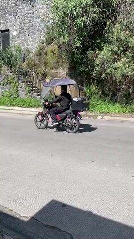 A man is riding a three-wheeled motorized vehicle with a canopy down a paved road. He is wearing a dark jacket and pants, and a helmet. A red car is parked on the left side of the road. The road is lined with trees and vegetation on the left and a stone wall with stairs on the right. The weather is sunny.