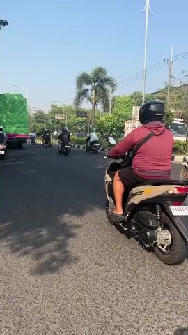 A group of motorcycles are riding on a paved road. A large green tarp-covered truck is on the left side of the road. There are palm trees and other foliage along the side of the road. The sky is clear and blue. The motorcycles are moving in the same direction.