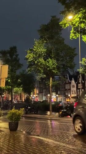 Rainy Amsterdam street at night, lights reflecting on wet pavement.