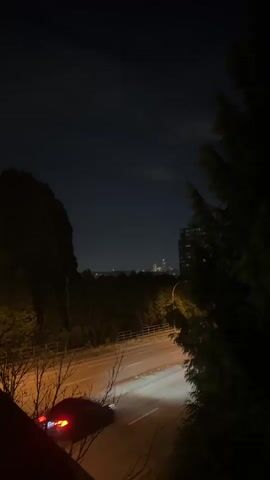 A black car drives down a road at night. The car's taillights are illuminated. The road is lined with trees. In the background, a city skyline is visible with illuminated buildings.