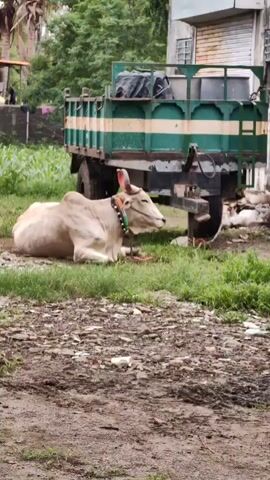The video shows a light-colored cow lying on the grass. Behind the cow is a green and white striped truck with a dark tarp covering its bed. The cow is wearing a colorful beaded collar and has a red tag in its ear. The ground in front of the cow is a mix of dirt and gravel, with some patches of mud. In the background, there is greenery and a building. The scene appears to be outdoors in a rural or semi-rural setting.