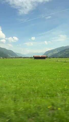 The video captures a static, horizontal shot of a green meadow with a dirt path leading into the distance. In the middle ground, a small, dark-colored barn stands alone in the field. The background is dominated by rolling green hills that recede into mist-covered mountains under a bright blue sky with scattered white clouds. The foreground is a blurred expanse of green grass, suggesting the footage was taken from a moving vehicle. A faint wire fence is visible across the bottom of the frame, also blurred, reinforcing the impression of motion. There are no people or animals visible in the scene. The lighting suggests it is daytime, likely mid-morning or early afternoon.