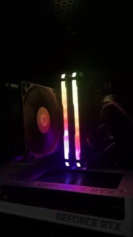 The media file shows the interior of a computer, a close-up shot of internal components. The main subjects are two RAM sticks with RGB lighting, a large CPU cooler fan, and part of a graphics card. The scene is set inside a computer case, with the lighting emphasizing the glow of the RGB components.

The activity taking place is the cycling of colors on the RAM sticks, creating a visual display of light. The lighting transitions through various vibrant colors, including pink, purple, blue, green, and yellow, suggesting a dynamic lighting effect.

Notable details include the glowing RGB lighting which creates a futuristic and visually appealing aesthetic. The background is dark, making the illuminated components stand out. The graphics card visible in the foreground has "GEFORCE RTX" printed on it. The overall mood is one of technological advancement and visual interest, characteristic of gaming or high-performance computing setups.

The time of day and weather are not discernible from the media. There are no direct location cues to suggest Berdychiv, Ukraine, beyond the provided context. The media focuses solely on the computer hardware.