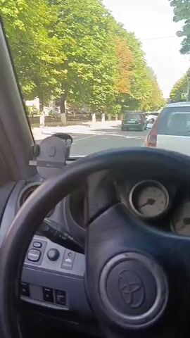 The video is filmed from the perspective of someone in the driver's seat of a car. The dashboard and steering wheel are visible in the foreground, with a smartphone mounted on the dashboard. Outside the car, a tree-lined street is seen with other vehicles, including a dark colored SUV and a white car. The video pans to the side-view mirror, which reflects the road behind the car and a person's hand. Another car passes by the driver's side window. The environment appears to be a sunny day in a residential or urban area with buildings and trees lining the street.