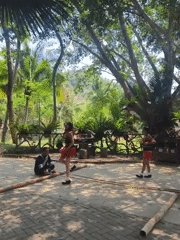 Traditional bamboo dance performance in Chinese park