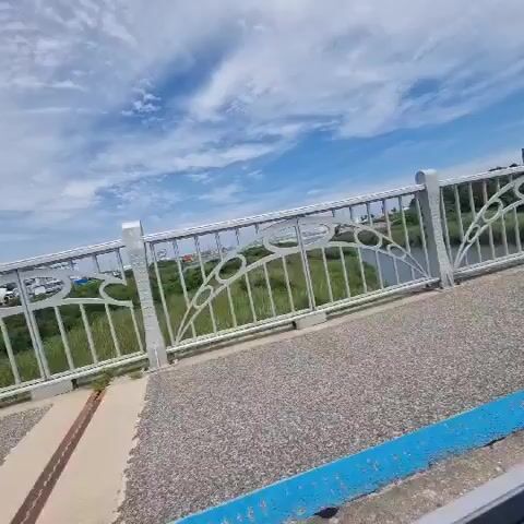 A video shows a view from a bridge. The bridge has a metal railing with an ornate design of arches and circles. The railing is supported by white posts. Below the bridge, there is green vegetation. The sky is blue with white clouds. The path on the bridge is made of asphalt with a blue line painted on it. In the distance, there are buildings and trees. The camera pans to the right, revealing more of the bridge railing and the surrounding landscape. The video is shot from a first-person perspective, as if the viewer is walking on the bridge.