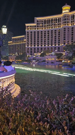 Bellagio fountains glow against Las Vegas night sky