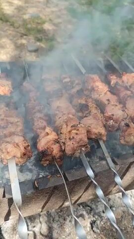 The video shows several skewers of meat cooking over a fire. The meat is cut into chunks and is arranged on metal skewers. Smoke rises from the cooking meat, indicating it is being grilled. The background appears to be an outdoor setting with some greenery visible. The camera is positioned close to the skewers, giving a clear view of the food. The lighting suggests it is daytime.