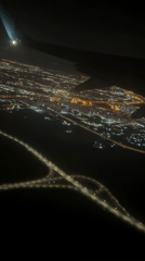 Nighttime aerial view captures illuminated Vsevolozhsk city from airplane