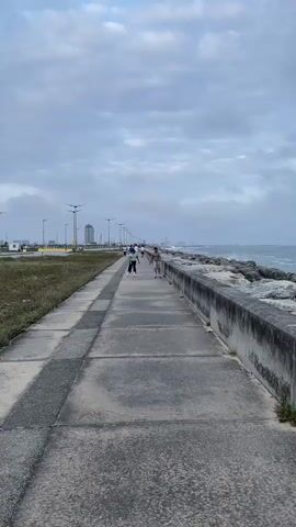 A paved walkway runs alongside a rocky shoreline under a cloudy sky. Two young girls are rollerblading on the walkway, one in a light blue shirt and black pants, the other in a brown shirt and light green pants. In the background, other people are walking and rollerblading, and buildings and construction cranes are visible in the distance. The ocean waves are crashing against the rocks.