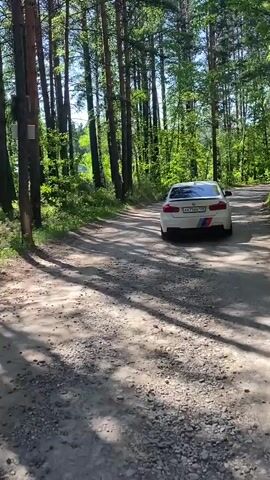 A white BMW sedan with M-sport racing stripes on the rear bumper is driving on a dirt road through a forest. The car is moving away from the camera. The road is covered in gravel and dirt, and there are trees on both sides of the road. The sun is shining through the trees, casting shadows on the road. The license plate of the car is visible and appears to be a Russian license plate.