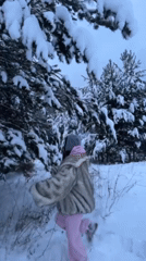 Woman shakes snow from pine tree in Russian forest