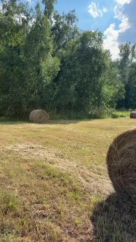 This video shows a wide shot of a rural field on a sunny day with some clouds. In the foreground, on the right side, is a large round bale of hay casting a shadow. In the middle ground, there are two more smaller round bales of hay further back in the field. The field is covered in dry, cut grass. Behind the field is a dense line of trees, with some of the trees appearing to be birch trees. The sky is blue with scattered white clouds. The camera pans slightly to the right, revealing more of the tree line. The overall impression is of a pastoral, agricultural landscape.