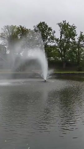 A fountain sprays water into the air in a pond. Trees and buildings are visible in the background. The sky is cloudy.