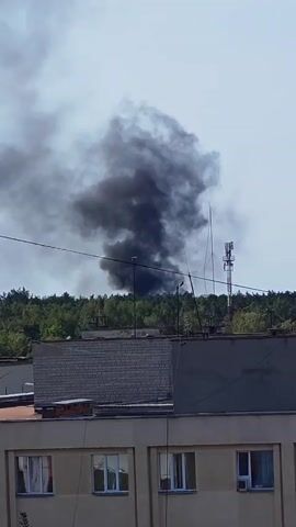 A plume of dark smoke rises into the sky above a dense line of green trees. In the foreground, the roofs of buildings are visible. One building has a grey tiled roof and a brick facade. The other building is light brown with several windows. A telecommunications tower stands among the trees to the right of the smoke plume. The sky is light blue with some hazy clouds.