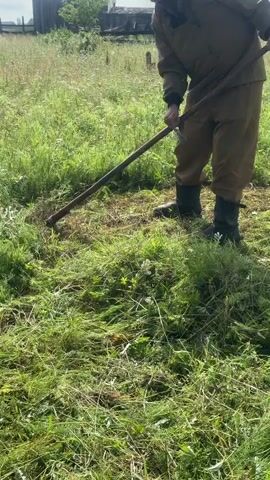 A person wearing a brown uniform and black boots uses a scythe to cut grass in a field. The person swings the scythe from right to left, collecting the cut grass in a pile. The field is covered in green grass and wildflowers. In the background, a wooden structure is visible. The sky is overcast.