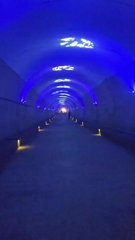 This is a vertical video taken from inside a blue-lit tunnel. The tunnel is long and curved, with lights illuminating the arched ceiling. Small, square yellow lights are spaced along the ground on either side of the tunnel. Several people are visible in the distance at the end of the tunnel, walking towards the camera. One person is walking towards the camera in the middle of the tunnel. The lighting is low and creates a blue atmosphere. The video is shaky and appears to be filmed while walking.