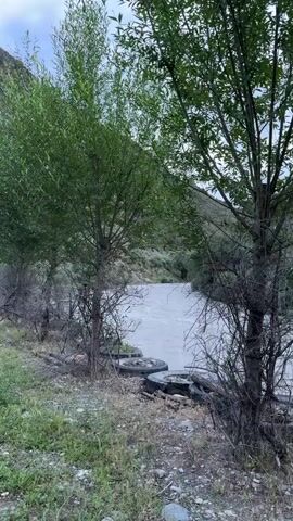 The video shows a fast-flowing, muddy river in a mountainous landscape. Trees line the bank, with some old tires visible in the foreground. The sky is overcast.