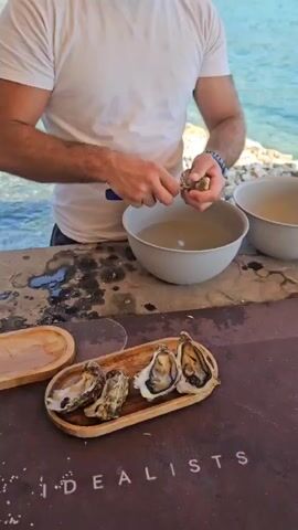 A person, wearing a white t-shirt, is shucking oysters. They are holding an oyster in their left hand and using a knife with a blue handle in their right to pry it open. The oysters are being shucked over a large, light gray bowl filled with water, into which some liquid is dripping from the oyster being opened. To the left of the bowl, another similar bowl is visible, and a small wooden dish with three opened oysters is placed on a dark brown surface in the foreground. The surface has white speckles and the word "IDEALISTS" printed in white.

The scene appears to be outdoors, with a body of water and a rocky shoreline visible in the background, suggesting a coastal location. The lighting indicates it is daytime, possibly late morning or early afternoon, with bright sunlight. The water is a clear blue-green, and the rocks are light gray and beige. The overall atmosphere seems casual and possibly related to food preparation or a meal enjoyed in a scenic setting.