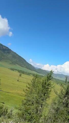 The video begins with a shot of a rocky, grassy hillside with a narrow dirt path winding upwards. Tall green trees are visible on the right side of the frame, and a distant mountain range under a blue sky with white clouds is in the background. The camera then pans to a young woman with long, curly brown hair and sunglasses, wearing a light blue t-shirt. She is standing on a rocky, grassy slope, smiling and gesturing with her hands towards the expansive mountain landscape. She turns her head and body, her arms outstretched, as if embracing the scenery. The background continues to show rolling green hills, a distant road, and a lush forest, all under a bright, sunny sky. The woman's actions suggest she is excited and impressed by the natural beauty of the location.