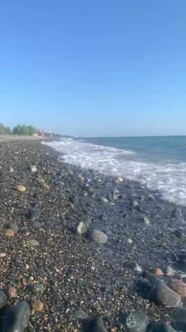 This is a vertical video recording of a scenic view of a pebble beach on a clear, sunny day. The camera is positioned low to the ground, capturing the incoming waves of a calm, blue sea. The beach itself is covered in smooth, dark pebbles of various sizes, with some lighter-colored stones interspersed. 

In the background, a line of green trees separates the beach from what appears to be a clear blue sky. Several people are visible along the shoreline in the distance, appearing to be enjoying the beach. The gentle waves create white foam as they wash over the pebbles, suggesting a peaceful and pleasant atmosphere. 

The time of day appears to be morning or afternoon, given the bright sunlight and clear sky. The location is identified as Gulripshi, Abkhazia, a coastal region known for its natural beauty. There are no visible text elements within the video itself.