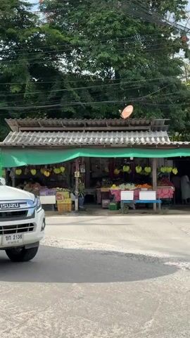The video shows a white Isuzu pickup truck parked by a roadside stall with fresh fruits. The camera then pans across the street, revealing a crossroad with a red traffic light. Palm trees and other tropical vegetation surround the scene, indicating a warm climate. There is a small building with a corrugated iron roof behind the traffic light. Power lines are visible against the partly cloudy sky.