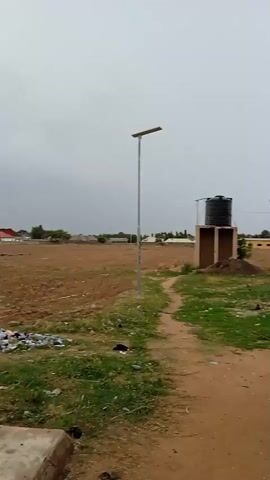The video depicts a landscape featuring sparse vegetation and scattered buildings under an overcast sky. Initially, the camera captures a water tank on a concrete base, a solar light, and a communication tower in the background. The foreground consists of a dirt path and patches of grass. The camera then pans to the left, revealing a large, sparsely vegetated field with several scattered buildings in the distance. A man wearing a light blue shirt walks into the frame, holding what appears to be a phone, and stands beside a palm tree. The video concludes with a close-up of the palm tree.