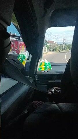 The video shows the view from inside a car, looking forward through the windshield. The interior of the car is dark, with a seatbelt visible in the foreground. Outside the car, a road is visible, with trees and some buildings along the side. There is a person in the passenger seat, partially obscured by the darkness. There are two boxes of tissues on the dashboard. The car appears to be moving.