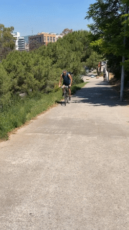 Cyclist rides paved path in Barcelona park area