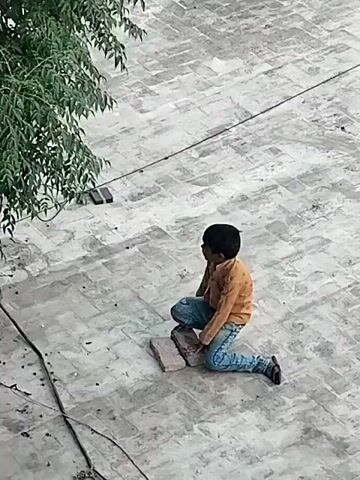 A video clip captures a young boy kneeling on a paved outdoor surface in Dera Chahal, Pakistan. The boy has dark hair and is wearing an orange long-sleeved shirt and blue jeans. He is positioned with his left knee on the ground and his left foot or lower leg resting on two light-brown bricks stacked horizontally. His right leg is bent, with his right foot flat on the ground.

The ground is covered with light-colored bricks or pavers, laid in a pattern. A black cable extends across the ground in the upper part of the frame. Green foliage from a tree is visible in the top left corner, with two small black rectangular objects on the ground beneath it. A light-colored animal, possibly a dog, can be faintly seen moving in the distant upper right background.

Throughout the clip, the boy looks around, first to his left and then turning his head to observe something or someone to his right. The lighting indicates it is daytime, possibly under an overcast sky or during the late afternoon. No text is visible in the video. The boy's expression appears neutral and observant.