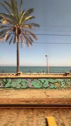 This is a horizontal video shot from a moving train, looking out of the window. The scene captures a coastal view with the Mediterranean Sea on the right and palm trees interspersed with overhead power lines against a clear blue sky. The train tracks are prominently in the foreground, suggesting the perspective of a passenger.

The immediate area outside the train is a concrete wall covered in vibrant graffiti, featuring blocky, colorful lettering. Beyond the wall, a wooden fence lines the edge of a sandy area, with two lampposts visible. Further out, the turquoise sea stretches to the horizon, meeting a clear, bright sky. In the distance, a white picket fence separates the land from the water, and a few scattered structures can be seen.

The time of day appears to be daytime, likely late morning or early afternoon, given the strong sunlight and clear sky. The weather seems pleasant and warm, typical of a coastal climate in Spain. The video offers a glimpse of the landscape passing by, evoking a sense of travel and perhaps a relaxed vacation mood. No people are directly visible in the frame, but the presence of the train and the infrastructure suggests a populated area. The location cues, such as the palm trees and the Mediterranean Sea, combined with the provided context of Vilassar de Mar, Spain, place the scene in a coastal town in Catalonia.